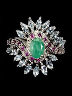 Genuine Emerald Ring with Blue Topaz & Rhodolite Garnets